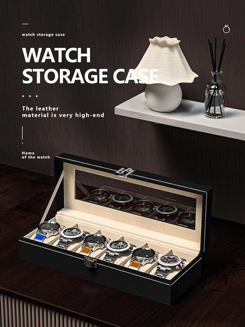 Ausalivan Watch Display Case For Men,Leather Watch Organizer Box,Watch Travel Organizer Tray,Watch Collection Storge Holder For Women (Black Leather, 6 Slots) - Image 2